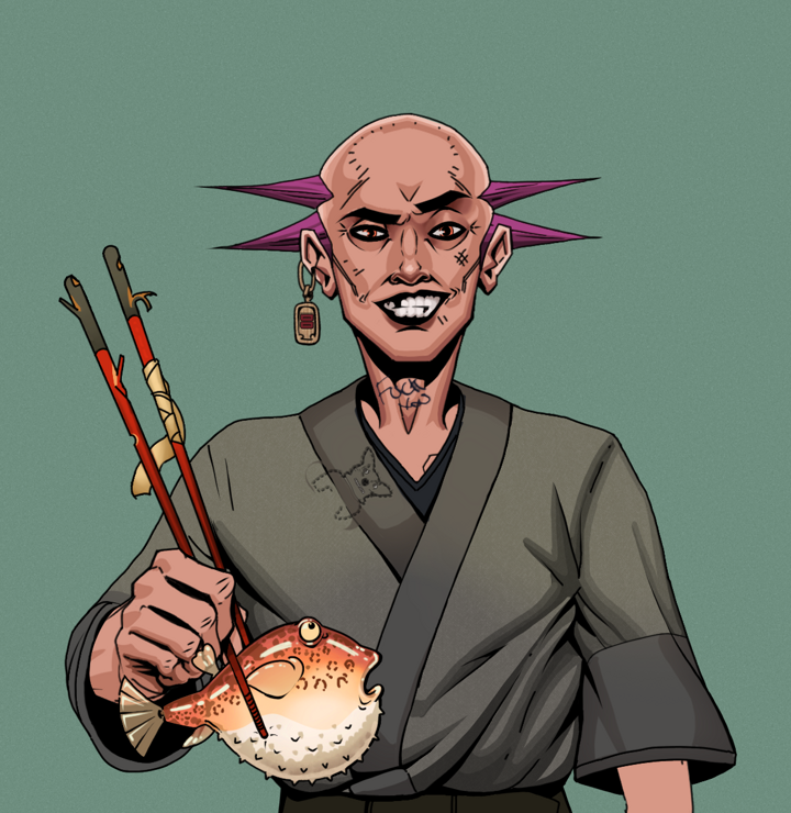 Junichiro — Degen Dojo NFT art (Dojo Paper Earring, Olive Green, Degens, Puppy Kimono, Junichiro, Shirtless Runt, Dejen Mohawk, Frightened Fugu, Mint)