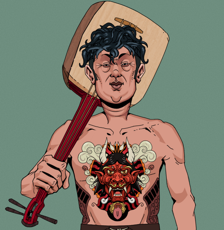 Fat Bob — Degen Dojo NFT art (Shirtless Runt, Olive Green, Degens, Red Oni Tattoo, Fat Bob, Messy, Shamisen, Mint)