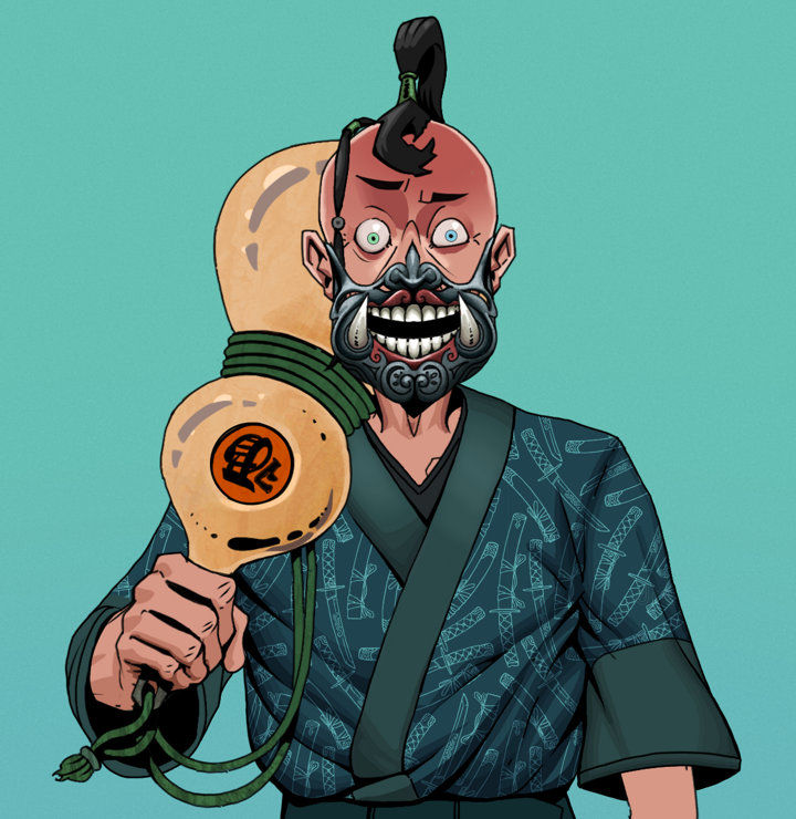 Tokuda — Degen Dojo NFT art (Shirtless Runt, Teal Daytime, Degens, Katanajamas Kimono, Tokuda, Hannya Half Mask, Dejen Samurai, Giant Sake Bottle, Mint)