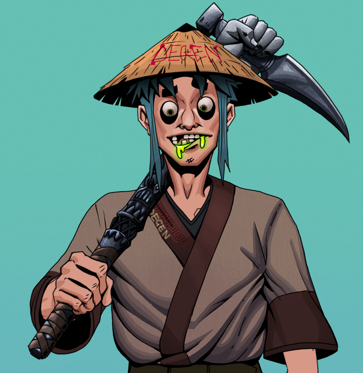 Toxic Azuma — Degen Dojo NFT art (Shirtless Runt, Teal Daytime, Degens, Degen Dojo Kimono, Toxic Azuma, Degen Graffiti Rice Hat, Stone Fist-Sickle, Mint)