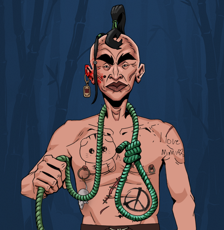 Young Yuji — Degen Dojo NFT art (Dojo Paper Earring, Night Forest, Degens, Recovering Alcoholic, Young Yuji, Shirtless Runt, Dejen Samurai, Noose, Mint)