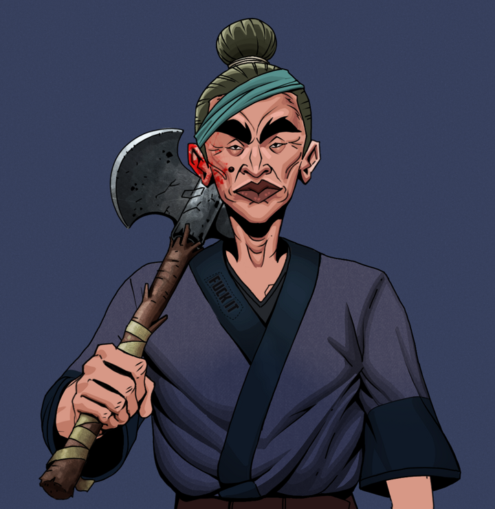 Young Yuji — Degen Dojo NFT art (Shirtless Runt, Blue Evening, Degens, Fuck You Kimono, Young Yuji, Hair Bun, Axe, Mint)