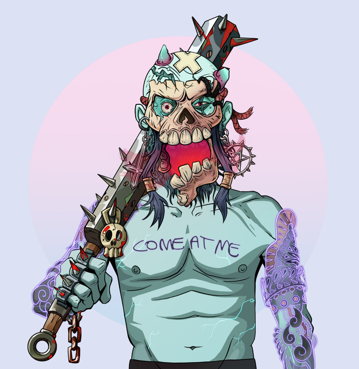 Igor The Bear — Degen Dojo NFT art (Jesuit Crosses, Purple Night, Demons, Black Yakuza Sleeves, Igor The Bear, Hannya Half Mask, Bald, Yakuza Club, Mint)