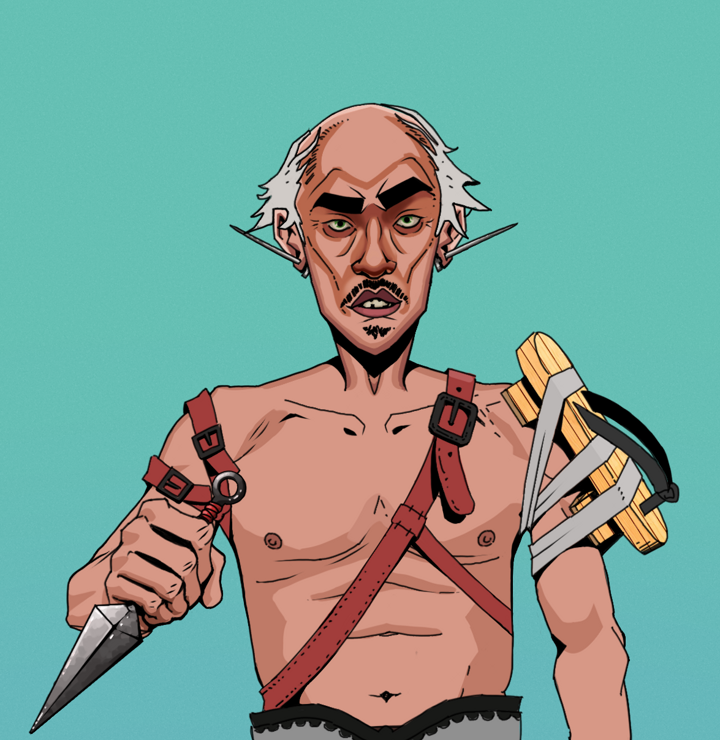 Gloomy Masumi — Degen Dojo NFT art (Nails, Teal Daytime, Degens, Strap On Geta, Gloomy Masumi, Shirtless Runt, Kung Fu Master, Kunai, Mint)