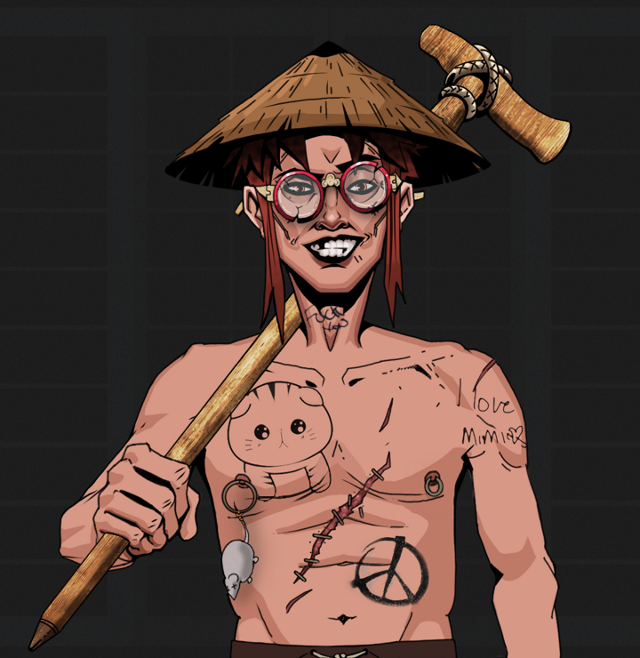 Junichiro — Degen Dojo NFT art (Shirtless Runt, Shoji Night, Degens, Recovering Alcoholic, Junichiro, Broken Glasses, Rice Hat, Wooden Walking Cane, Mint)