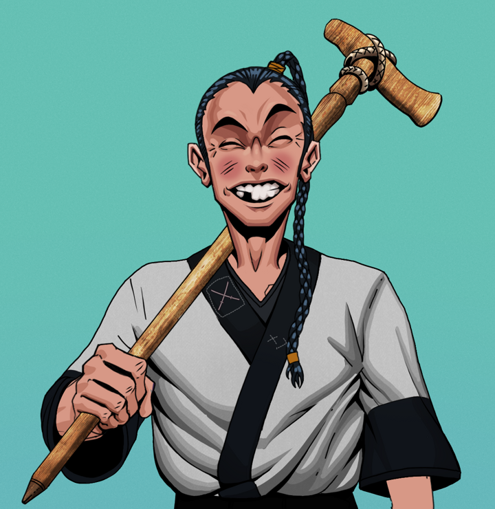 Cheery Haru — Degen Dojo NFT art (Shirtless Runt, Teal Daytime, Degens, Katana Kimono, Cheery Haru, Braided Samurai Ponytail, Wooden Walking Cane, Mint)