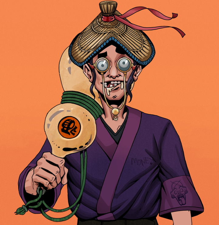 Drooling Azuma — Degen Dojo NFT art (Shirtless Runt, Orange Afternoon, Degens, Money Kimono, Drooling Azuma, Pompous Glasses, High Straw Rice Hat, Giant Sake Bottle, Mint)