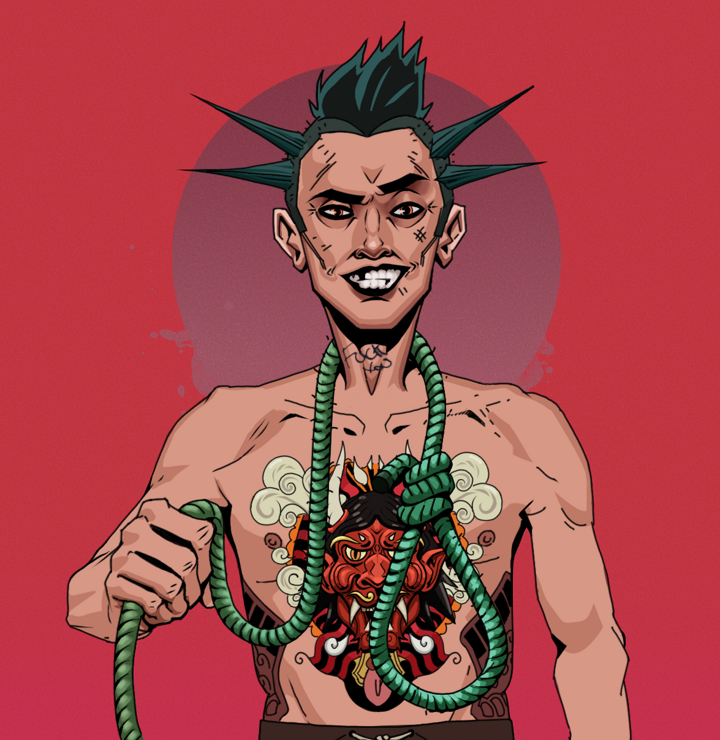 Junichiro — Degen Dojo NFT art (Shirtless Runt, Red High Moon, Degens, Red Oni Tattoo, Junichiro, Yakuza Ruffian, Noose, Mint)