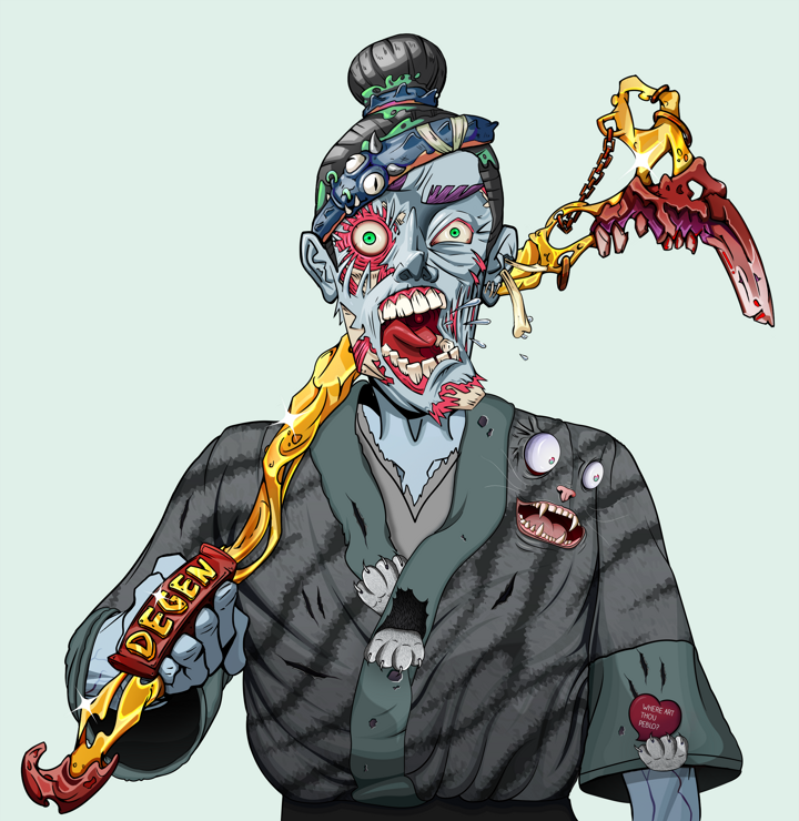 Tokuda — Degen Dojo NFT art (Finger Bones, Teal Daytime, Demons, Cet Kimono, Tokuda, Shirtless Runt, Hair Bun, Golden Walking Cane, Mint)