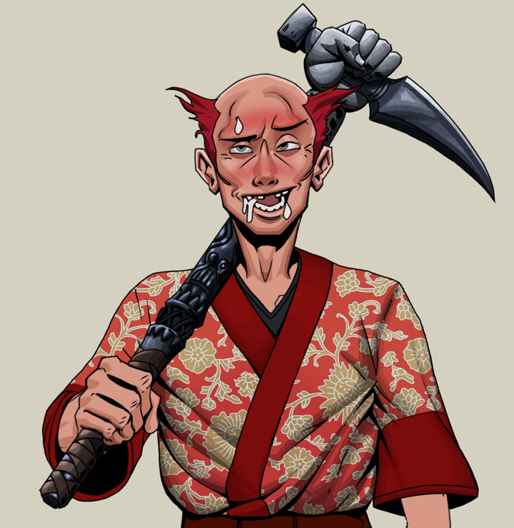 Yuuki — Degen Dojo NFT art (Shirtless Runt, Warm Grey, Degens, Silken Sunflower Kimono, Yuuki, Red Heihachi, Stone Fist-Sickle, Mint)