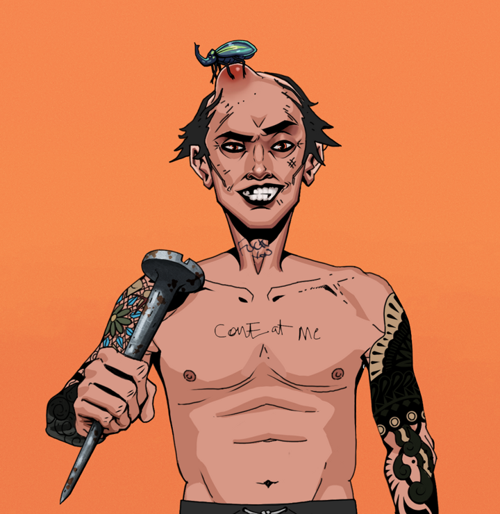 Junichiro — Degen Dojo NFT art (Shirtless Runt, Orange Afternoon, Degens, Black Yakuza Sleeves, Junichiro, Kung Fu Beetle, Rusty Nail, Mint)