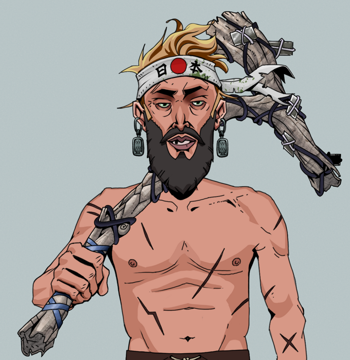 Serious Oleg — Degen Dojo NFT art (Iron Earrings, Light Grey, Degens, Battle Scars, Serious Oleg, Shirtless Runt, Karate Headband, Large Branch, Mint)