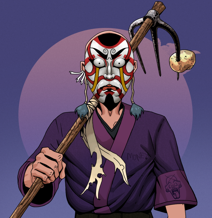 Masumi Steel — Degen Dojo NFT art (Chicken Bones, Purple Night, Degens, Money Kimono, Masumi Steel, Kitsune Mask, Bald, Farmers Hoe, Mint)