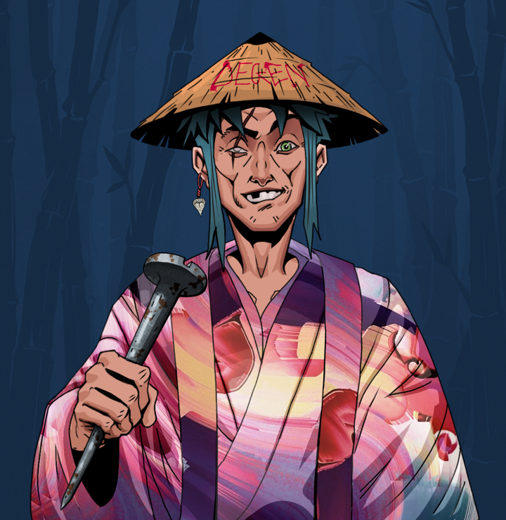 One-Eyed Itsuki — Degen Dojo NFT art (Shark Tooth, Night Forest, Degens, Autumn Sakura Kimono, One-Eyed Itsuki, Shirtless Runt, Degen Graffiti Rice Hat, Rusty Nail, Mint)