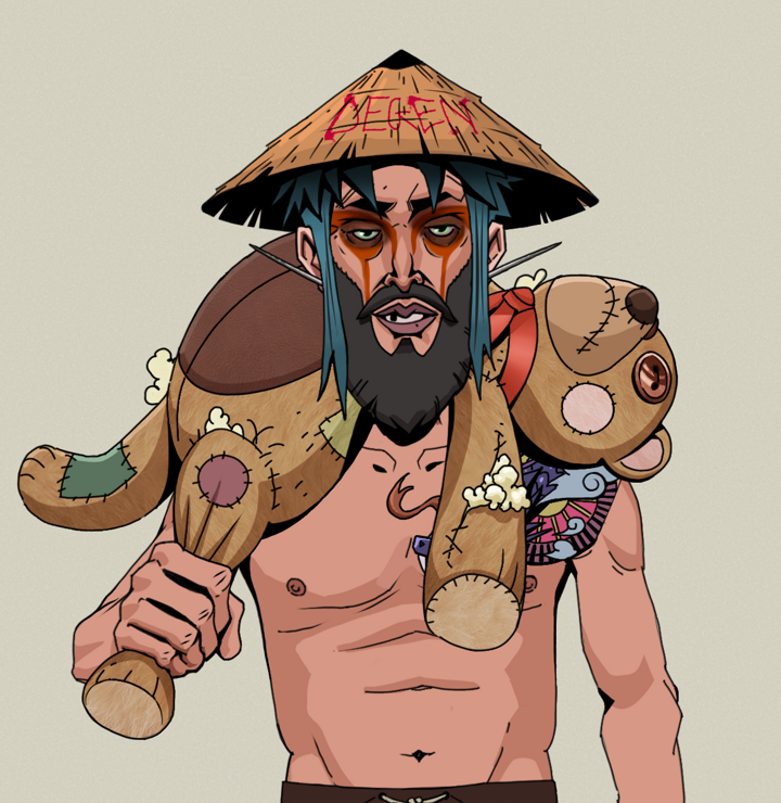 Oleg Of War — Degen Dojo NFT art (Nails, Warm Grey, Degens, Dragon Head Tattoo, Oleg Of War, Shirtless Runt, Degen Graffiti Rice Hat, Teddy Bear, Mint)