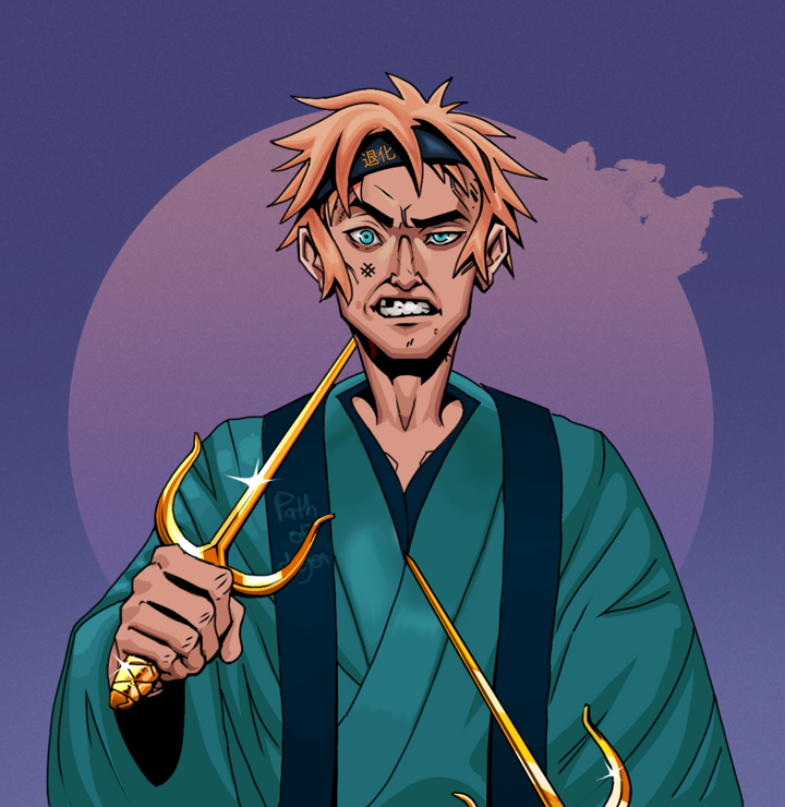 Akuma — Degen Dojo NFT art (Shirtless Runt, Purple Night, Degens, Dejen Apostate, Akuma, Tiger Headband Ruffian, Golden Sai, Mint)