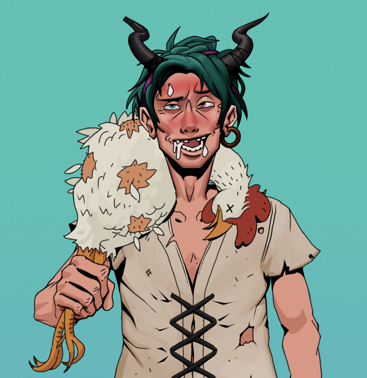 Yuuki — Degen Dojo NFT art (Wooden Loop, Teal Daytime, Degens, Rice Sack Rags, Yuuki, Shirtless Runt, Black Oni Horns, Chicken, Mint)
