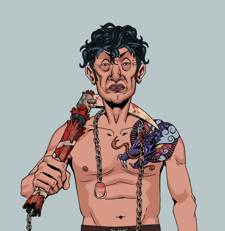 Goro — Degen Dojo NFT art (Shirtless Runt, Light Grey, Degens, Dragon Head Tattoo, Goro, Messy, Rusty Kusarigama, Mint)