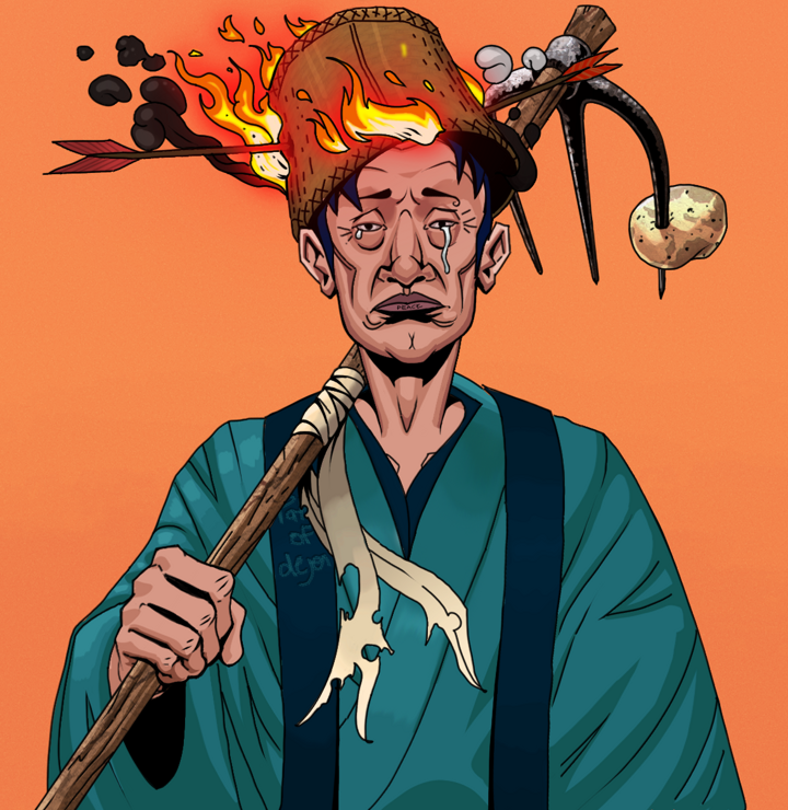 Teary Goro — Degen Dojo NFT art (Shirtless Runt, Orange Afternoon, Degens, Dejen Apostate, Teary Goro, Burning Basket, Farmers Hoe, Mint)