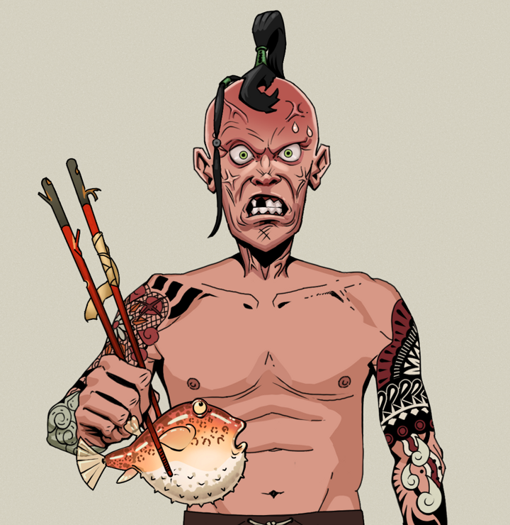 Angry Ikari — Degen Dojo NFT art (Shirtless Runt, Warm Grey, Degens, Yakuza Tattoo Sleeves, Angry Ikari, Dejen Samurai, Frightened Fugu, Mint)