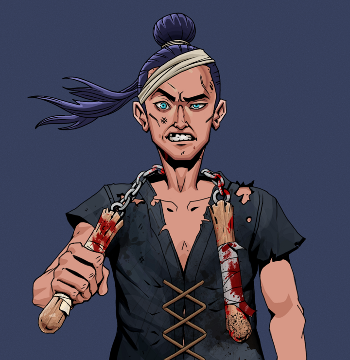 Akuma — Degen Dojo NFT art (Shirtless Runt, Blue Evening, Degens, Black Peasant Sack, Akuma, Long Flowing, Bloody Nunchucks, Mint)