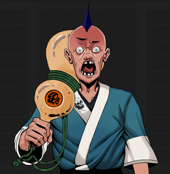 Tokuda — Degen Dojo NFT art (Shirtless Runt, Shoji Night, Degens, Skull Kimono, Tokuda, Mohawk Spike, Giant Sake Bottle, Mint)