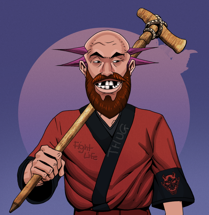 Igor The Bear — Degen Dojo NFT art (Shirtless Runt, Purple Night, Degens, Red Oni Kimono, Igor The Bear, Dejen Mohawk, Wooden Walking Cane, Mint)