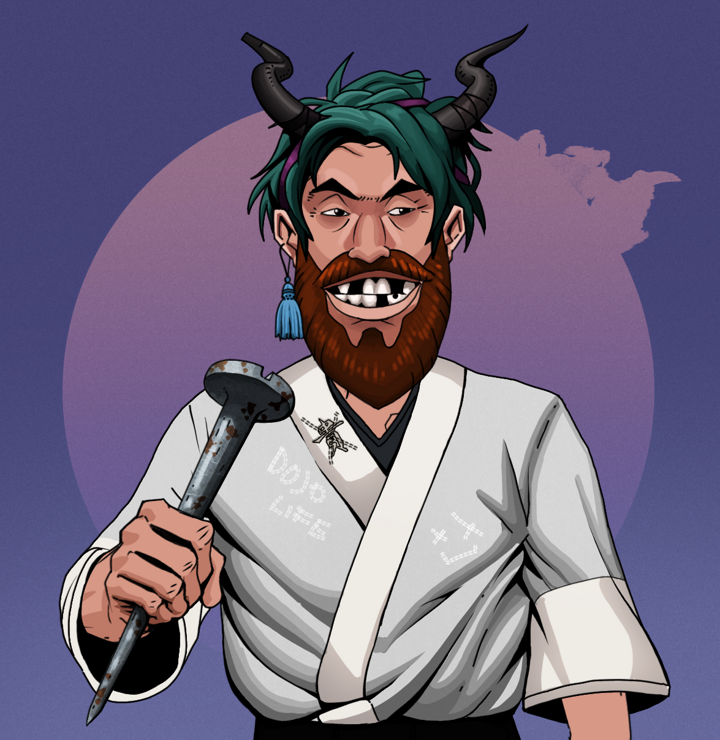 Igor The Bear — Degen Dojo NFT art (Tassel, Purple Night, Degens, No Honor Kimono, Igor The Bear, Shirtless Runt, Black Oni Horns, Rusty Nail, Mint)