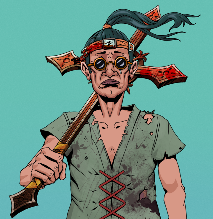 Teary Goro — Degen Dojo NFT art (Shirtless Runt, Teal Daytime, Degens, Dirty Peasant Rags, Teary Goro, Dark Spectacles, Green Bandana, Jesuit Bloody Cross, Mint)