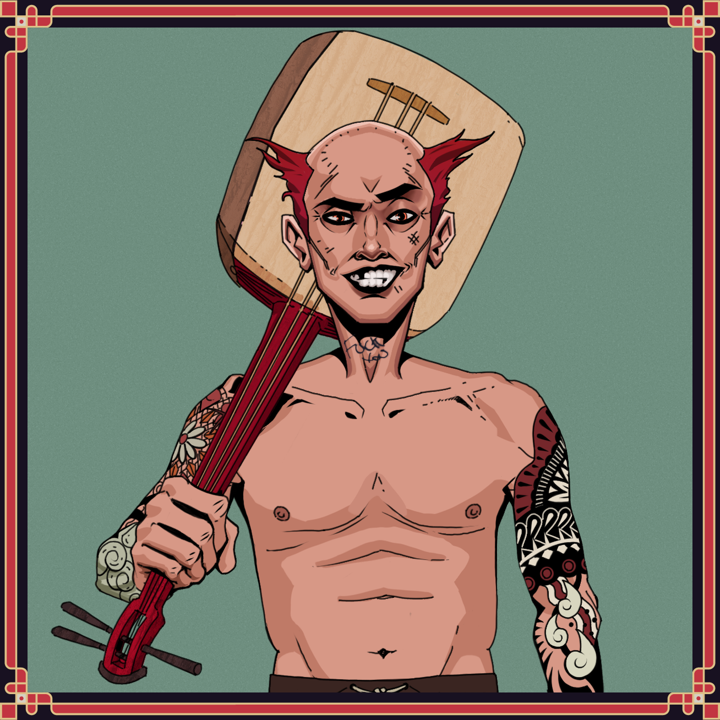 Junichiro — Degen Dojo NFT art (Shirtless Runt, Olive Green, Junichiro, Yakuza Tattoo Sleeves, Degen, Red Heihachi, Flying Teeth Frenzy, Shamisen, Framed)