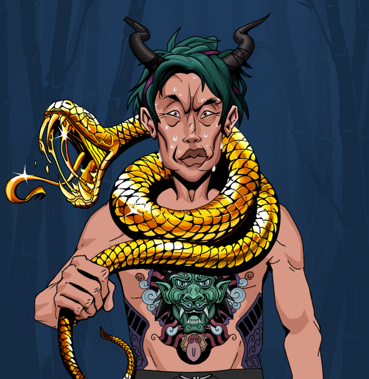 Stresshead Rin — Degen Dojo NFT art (Shirtless Runt, Night Forest, Degens, Blue Oni Tattoo, Stresshead Rin, Black Oni Horns, Golden Snake, Mint)