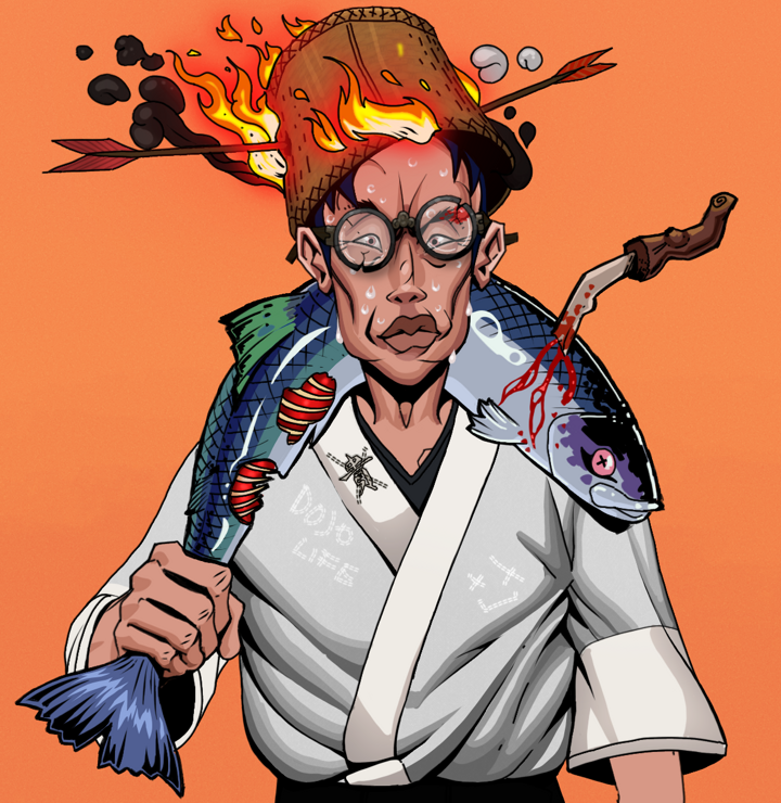 Stresshead Rin — Degen Dojo NFT art (Shirtless Runt, Orange Afternoon, Degens, No Honor Kimono, Stresshead Rin, Bloodied Glasses, Burning Basket, Dead Fish, Mint)