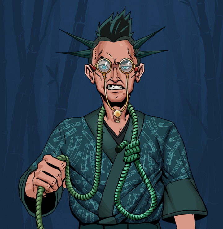 Akuma — Degen Dojo NFT art (Shirtless Runt, Night Forest, Degens, Katanajamas Kimono, Akuma, Pompous Glasses, Yakuza Ruffian, Noose, Mint)