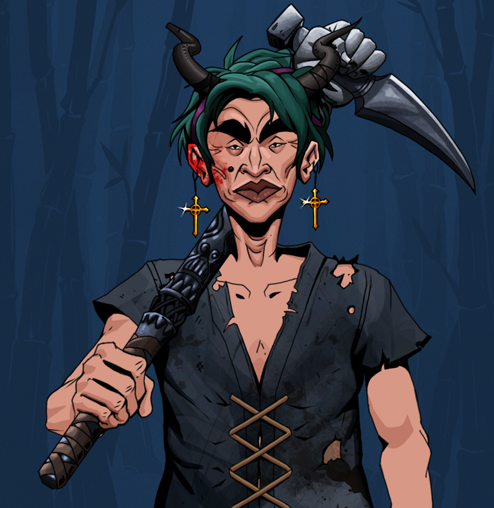 Young Yuji — Degen Dojo NFT art (Golden Jesuit Crosses, Night Forest, Degens, Black Peasant Sack, Young Yuji, Shirtless Runt, Black Oni Horns, Stone Fist-Sickle, Mint)