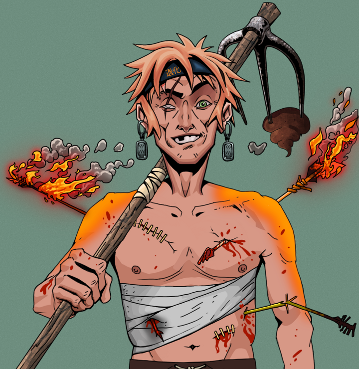 One-Eyed Itsuki — Degen Dojo NFT art (Iron Earrings, Olive Green, Degens, Bloody Mess, One-Eyed Itsuki, Shirtless Runt, Tiger Headband Ruffian, Poop Cleaner Hoe, Mint)