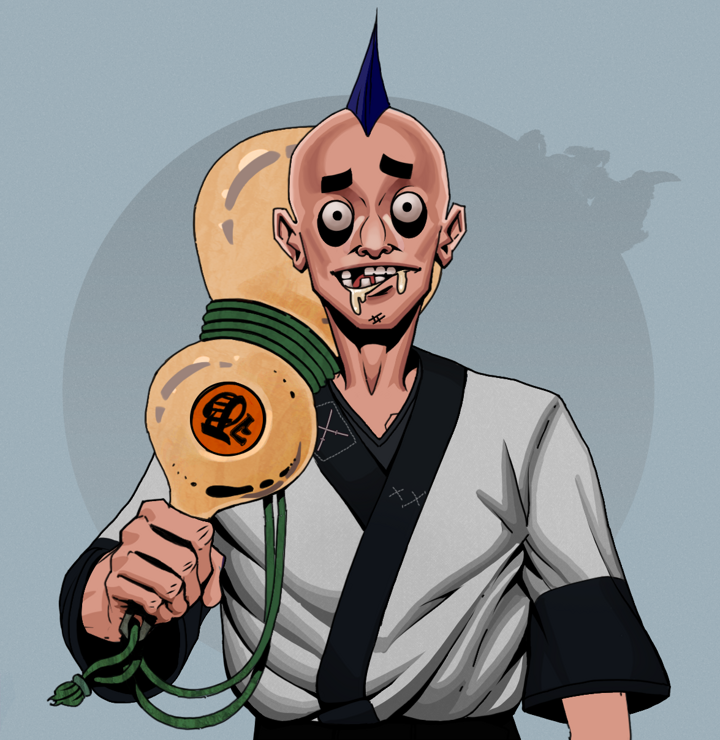 Drooling Azuma — Degen Dojo NFT art (Shirtless Runt, Grey Mist, Degens, Katana Kimono, Drooling Azuma, Mohawk Spike, Giant Sake Bottle, Mint)