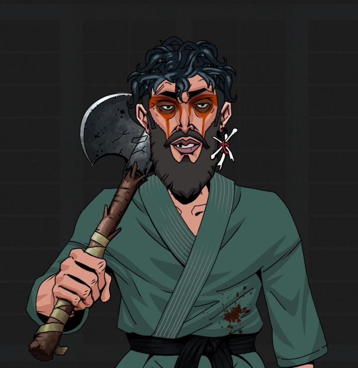 Oleg Of War — Degen Dojo NFT art (Finger Bones, Shoji Night, Degens, Fight Gi, Oleg Of War, Shirtless Runt, Messy, Axe, Mint)